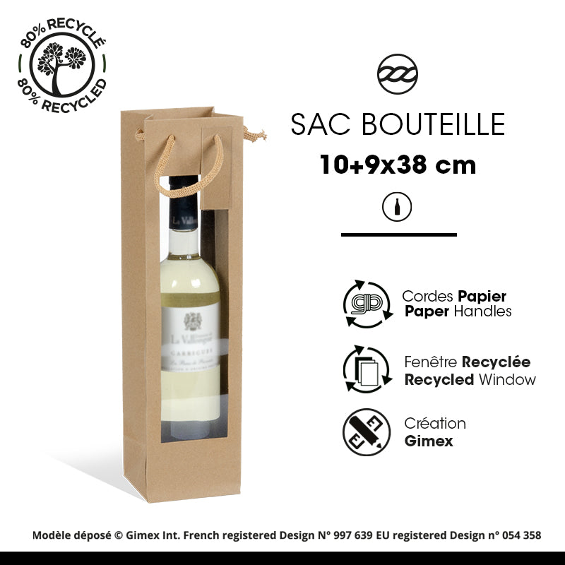 Sac 1 bouteille double fenêtre XL kraft brun poignées cordelières 10+9x38cm par 100