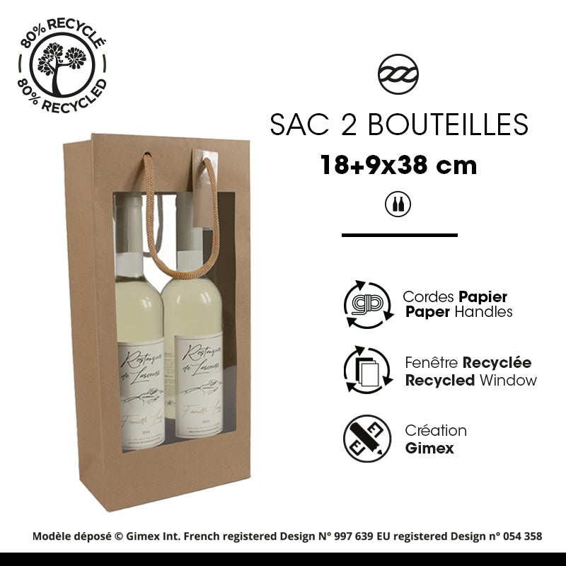 Sac 2 bouteilles double fenêtre XL kraft brun poignées cordelières 18+9x38cm par 100