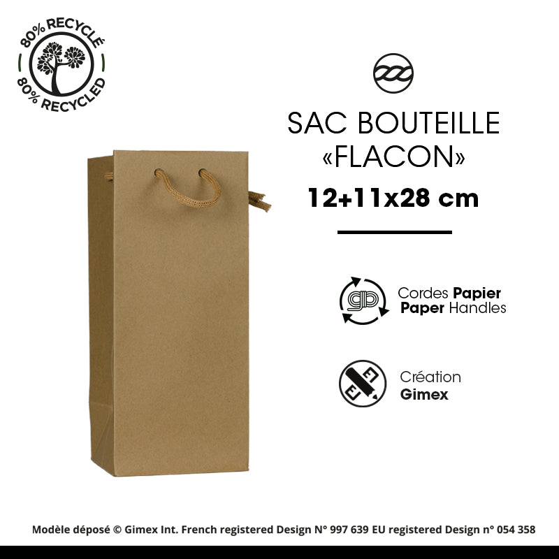Sac 1 bouteille flacon kraft brun poignées papier 12x11x28cm par 200