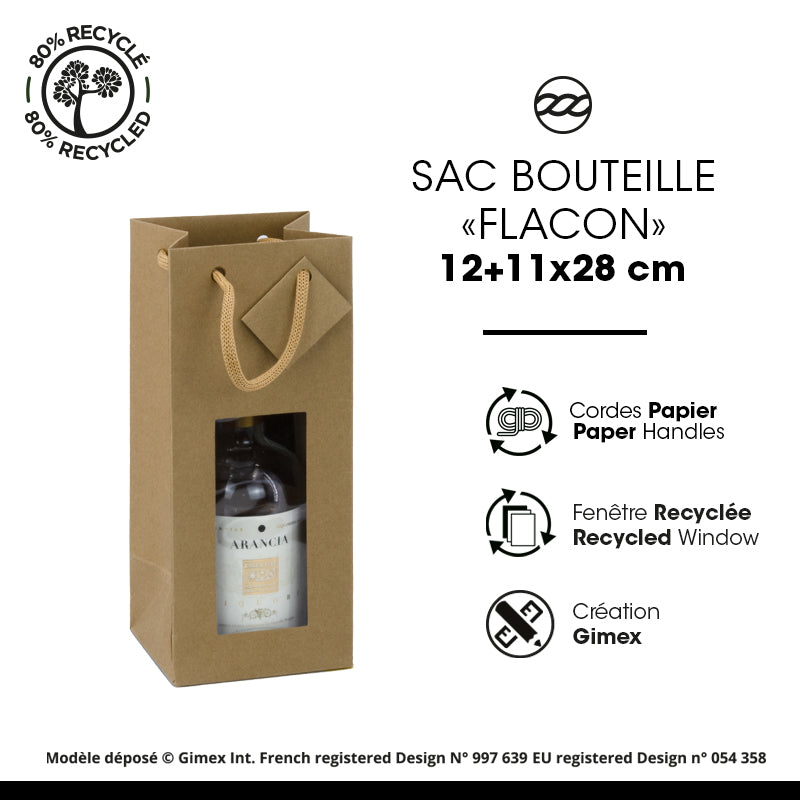 Sac 1 bouteille flacon à fenêtre kraft brun poignées papier 12x11x28cm par 200