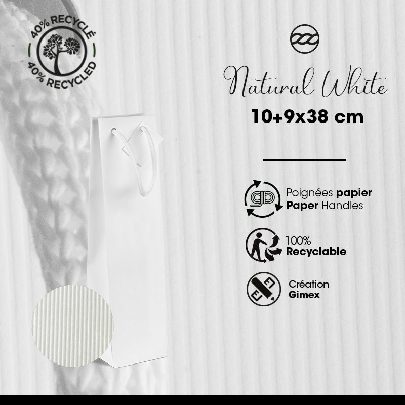Sac 1 bouteille Natural White kraft blanc poignées papier 10+9x38cm par 200