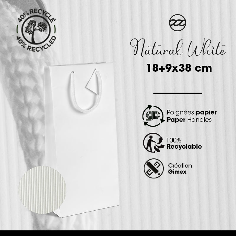 Sac 2 bouteilles Natural White kraft blanc poignées papier 18+9x38cm par 100