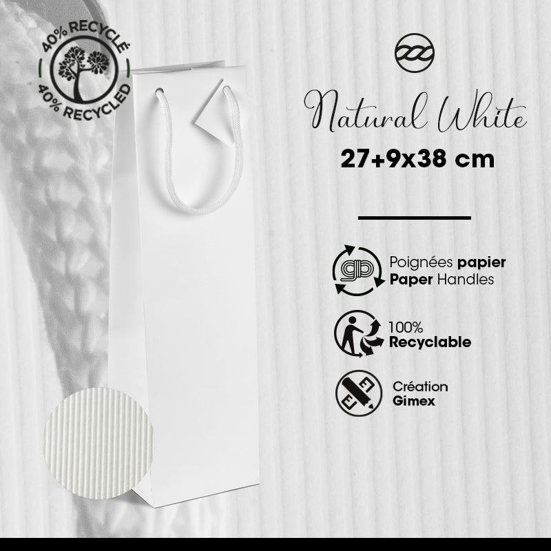 Sac magnum Natural White kraft blanc poignées papier 13+11,4x44cm par 100