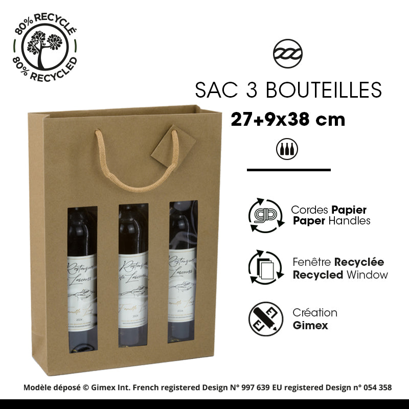Sac 3 bouteilles à fenêtre kraft brun poignées papier 27+9x38cm par 100