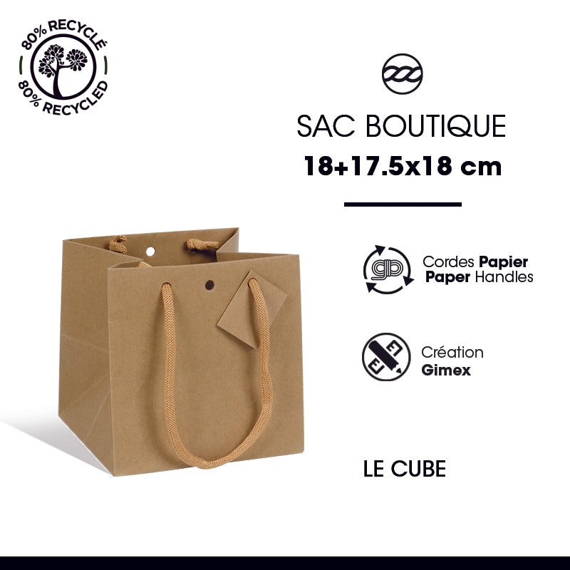 Sac luxe Cube kraft brun poignées papier 18+17,5x18 par 100