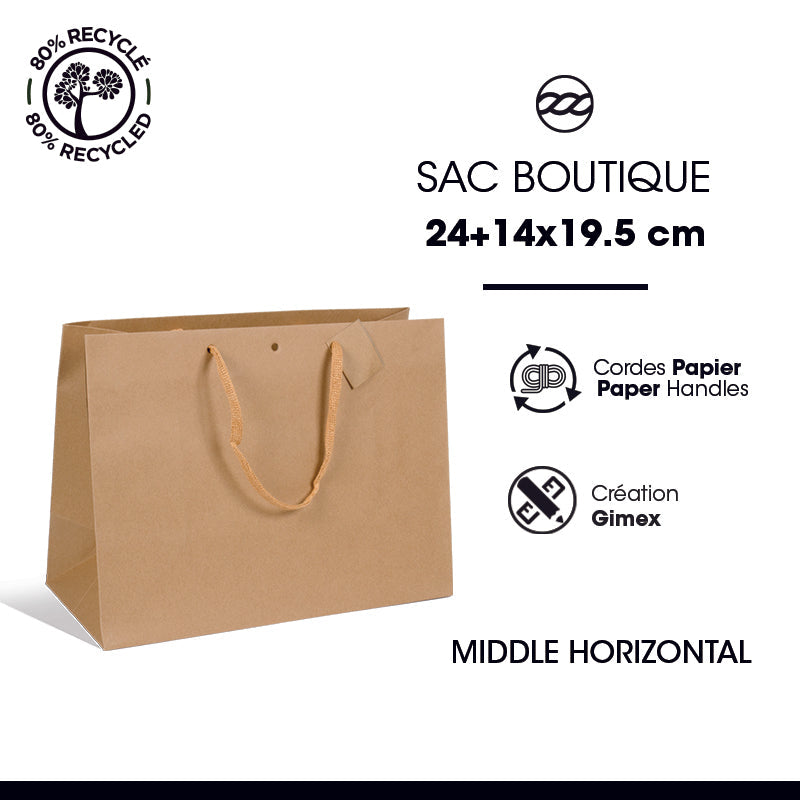 Sac luxe Middle Horizontal kraft brun poignées papier 24+14x19,5cm par 120