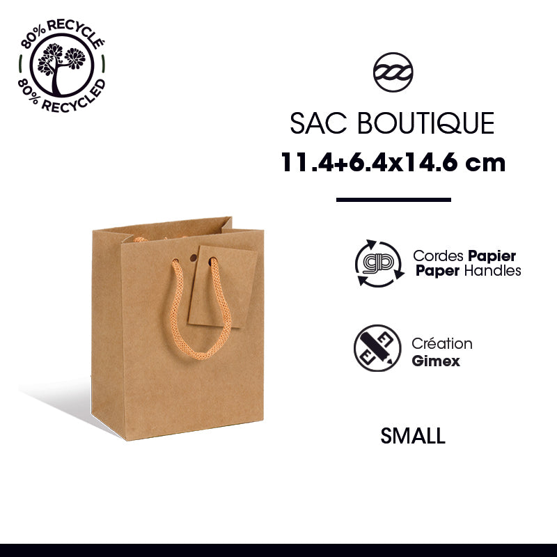 Sac luxe Small kraft brun poignées papier 11,4+6,4x14,6cm par 400
