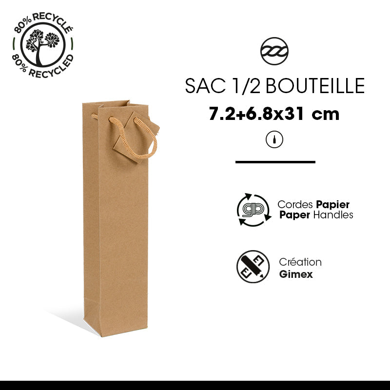 Sac 1/2 bouteille kraft brun poignées papier 7,2+6,8x31cm par 400