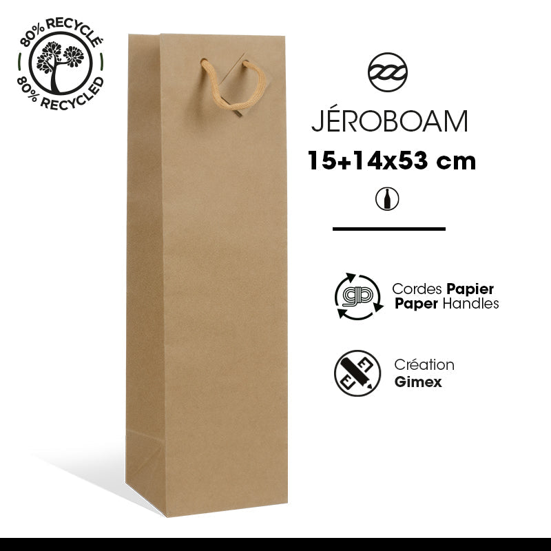 Sac 1 bouteille jeroboam kraft brun poignées papier 15+14x53cm par 100