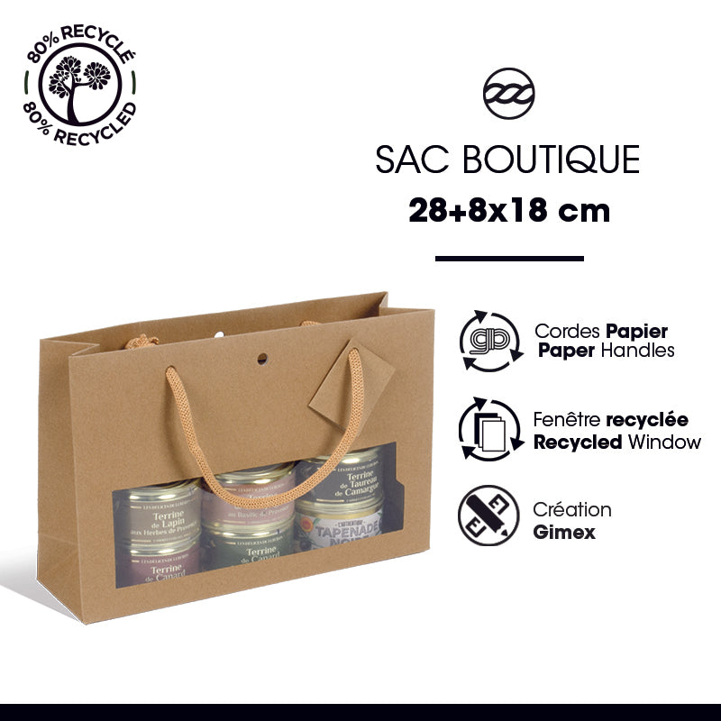 Sac Confiturier fenêtre kraft brun poignées cordelières 28+8x18cm par 120