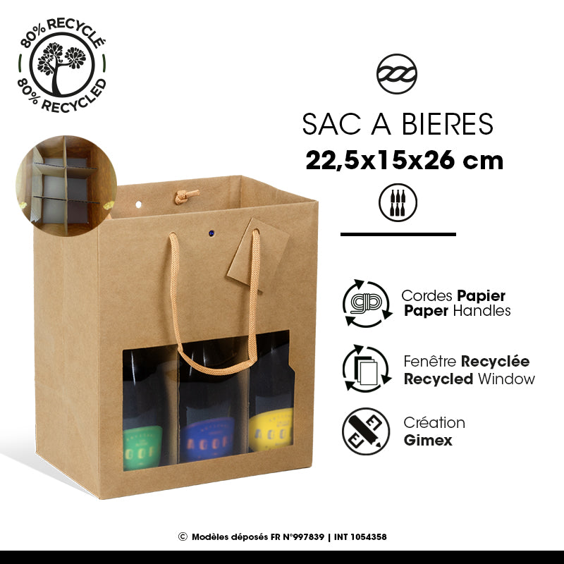 Sac 6 bouteilles 33cl à 50cl à fenêtre kraft brun poignées papier 22,5+15x26cm par 72