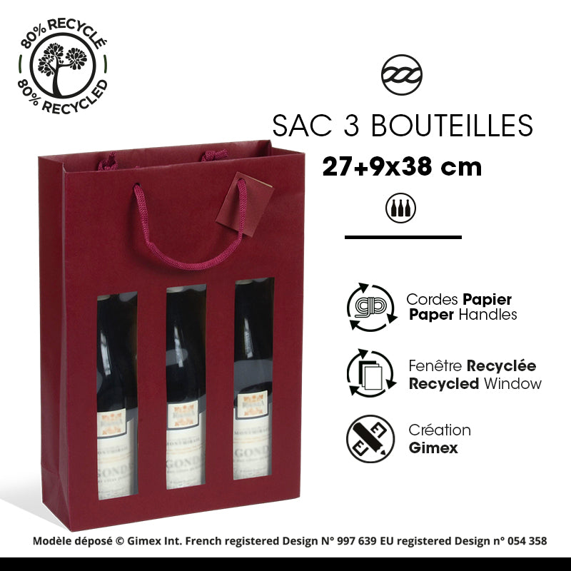 Wine Lees Kraft 3-Bottle Bag with Window and Paper Handles 27+9x38cm per 100