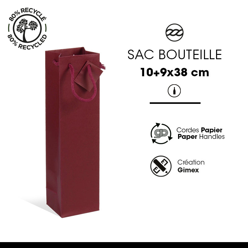 Sac 1 bouteille Lie de Vin kraft poignées papier 10+9x38cm par 200