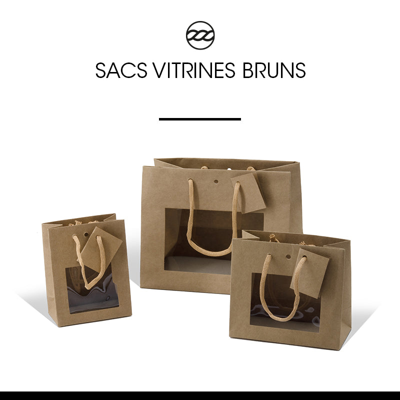 Sac luxe Small à fenêtre kraft brun poignées papier 11,4+6,4x14,6cm par 300