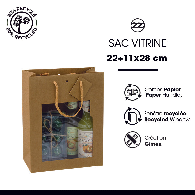 Sac luxe Middle Vertical à fenêtre kraft brun poignées papier 22+11x28cm par 168