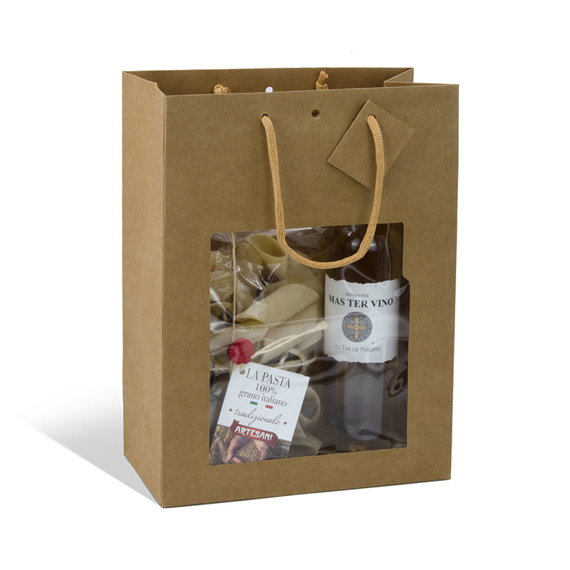 Sac luxe Classic à fenêtre kraft brun poignées papier 25+13x33cm par 100