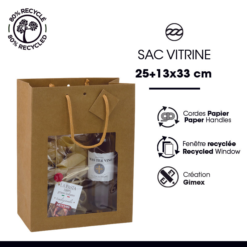 Sac luxe Classic à fenêtre kraft brun poignées papier 25+13x33cm par 100