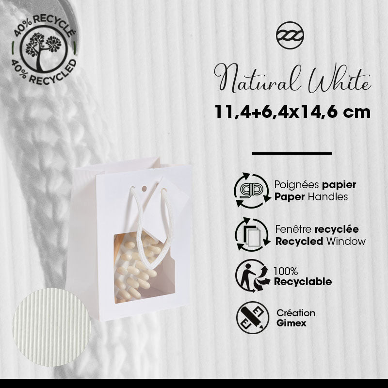 Sac luxe à fenêtre Natural White kraft blanc poignées papier 11,4+6,4x14,6cm par 200