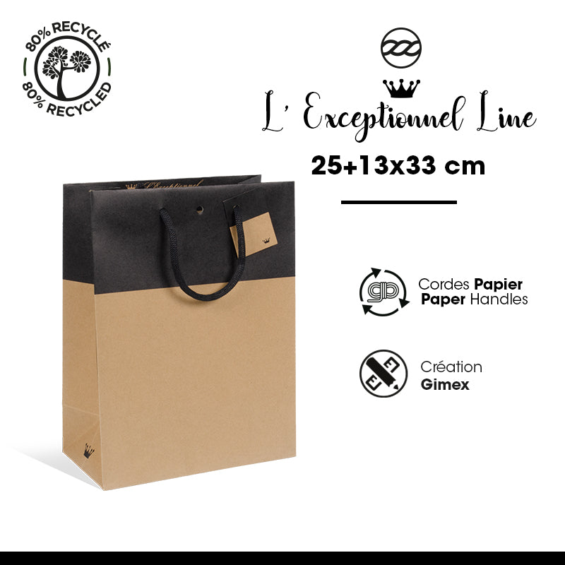 Sac luxe L'Exceptionnel Line kraft brun et noir poignées papier 25+13x33cm par 150