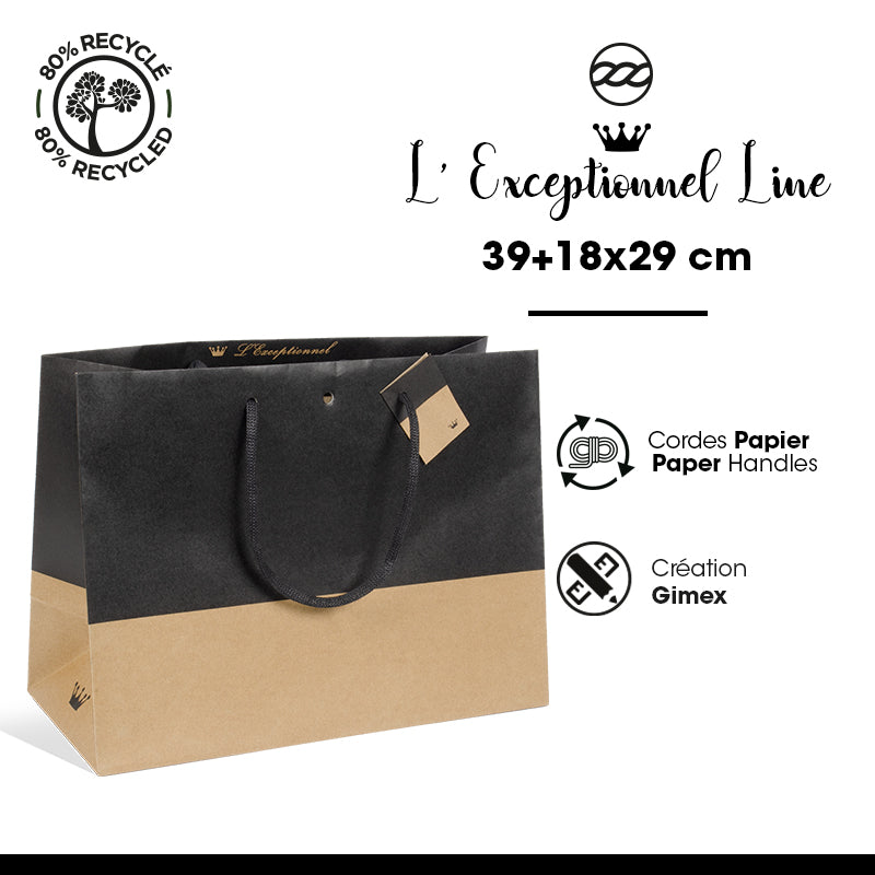 Sac luxe L'Exceptionnel Line kraft brun et noir poignées papier 39+18x29cm par 60