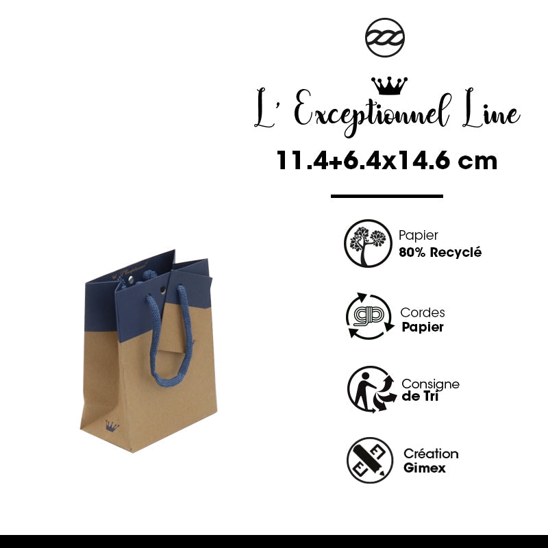 Sac luxe L'Exceptionnel Line kraft brun et bleu navy poignées papier 11,4+6,4x14,6cm par 300