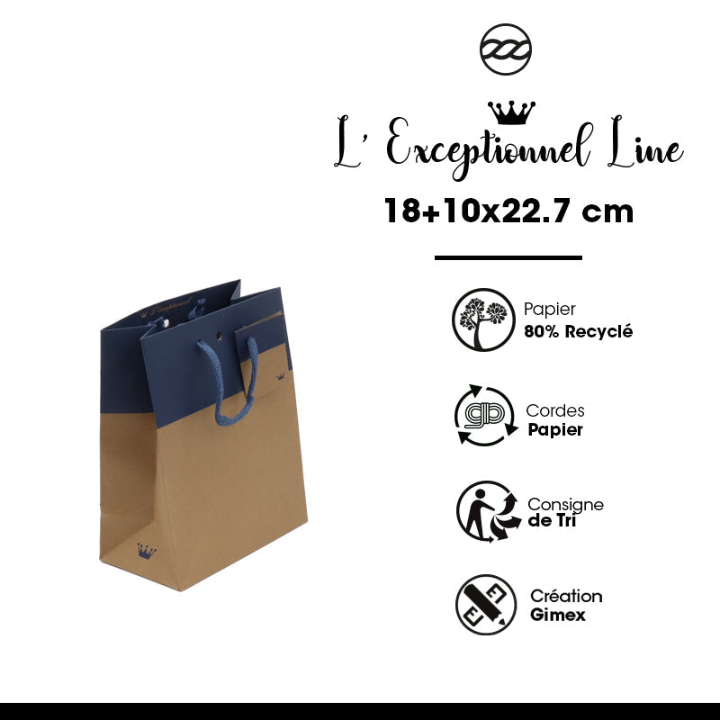 Sac luxe L'Exceptionnel Line kraft brun et bleu navy poignées papier 18+10x22,7cm par 250