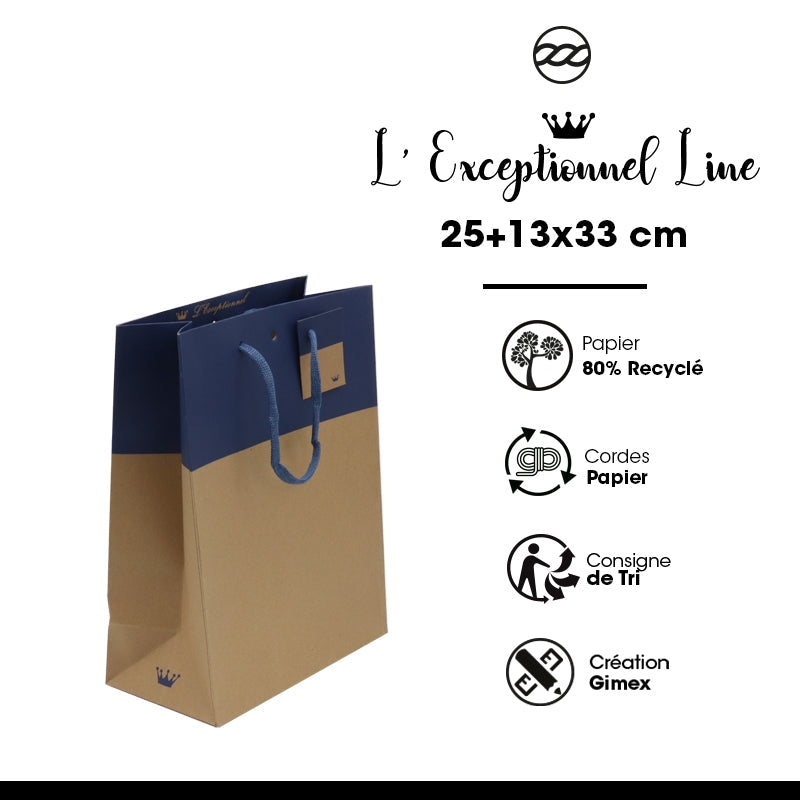 Sac luxe L'Exceptionnel Line kraft brun et bleu navy poignées cordelières 25+13x33cm par 150