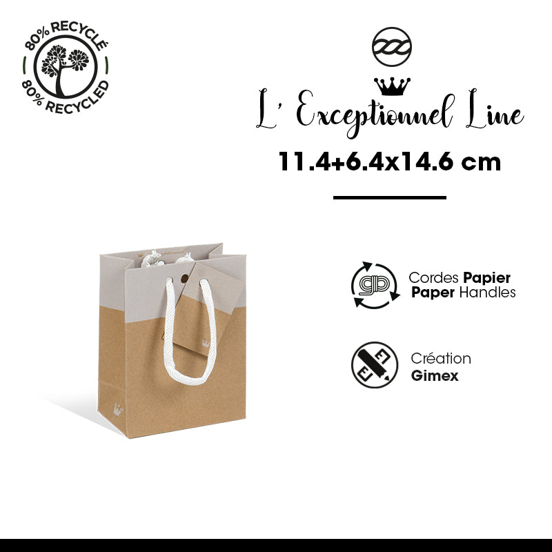 Sac luxe L'Exceptionnel Line kraft brun et blanc poignées papier 11,4+6,4x14,6cm par 300