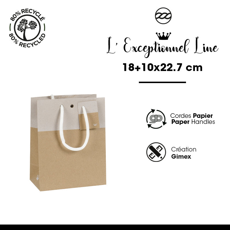 Sac luxe L'Exceptionnel Line kraft brun et blanc poignées cordelières 18+10x22,7cm par 250