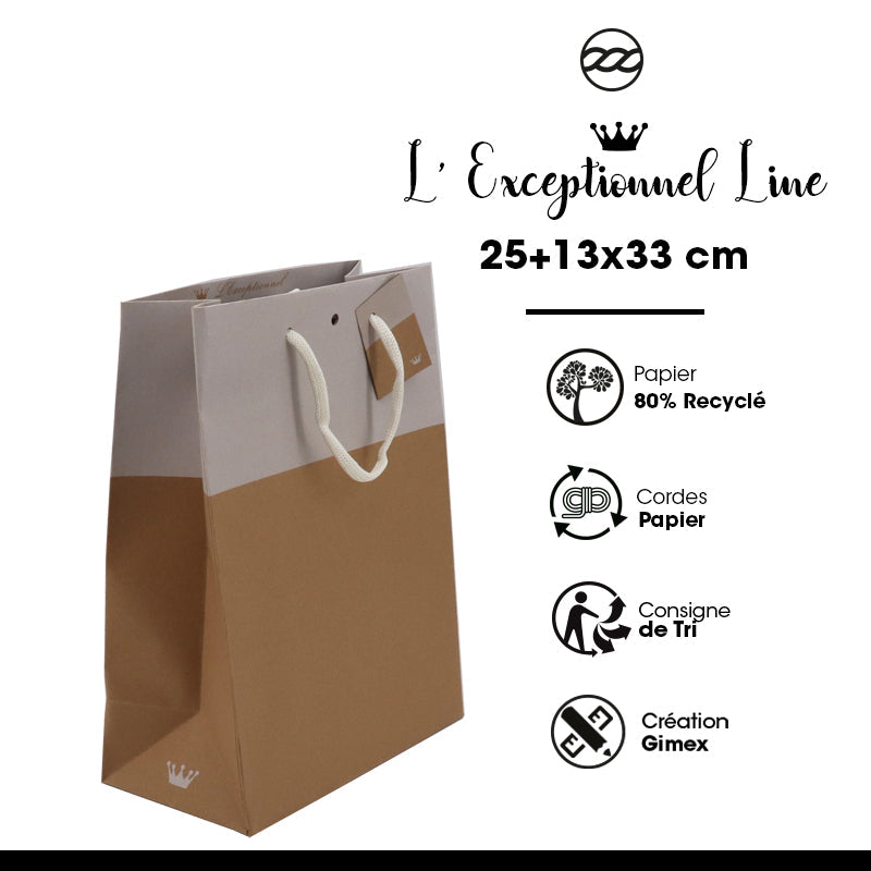 Sac luxe L'Exceptionnel Line kraft brun et blanc poignées papier 25+13x33cm par 150