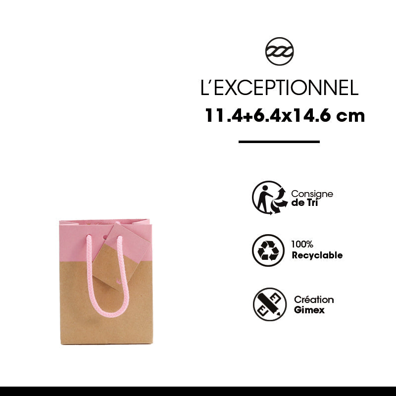 Sac luxe L'Exceptionnel Line kraft brun et rose poignées cordelières 11,4+6,4x14,6cm par 300
