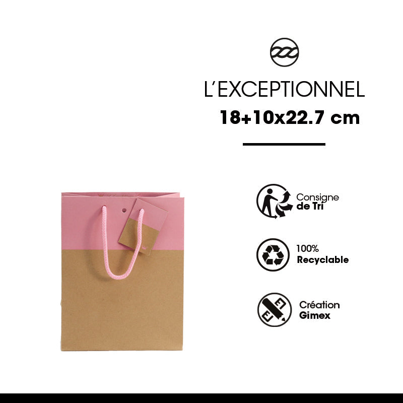 Sac luxe L'Exceptionnel Line kraft brun et rose poignées cordelières 18+10x22,7cm par 250