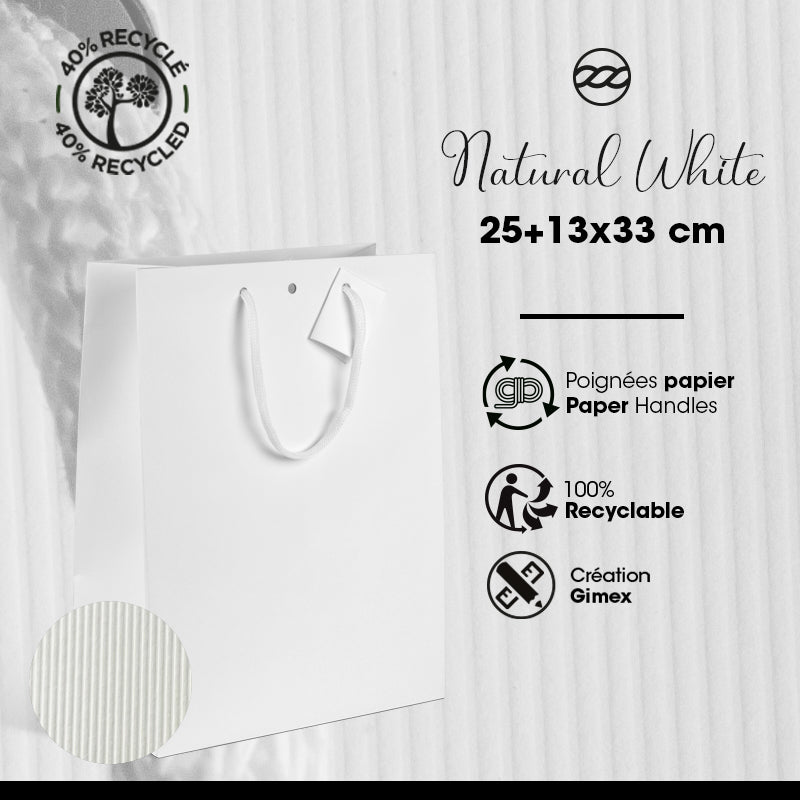 Sac luxe Natural White kraft blanc poignées papier 25+13x33cm par 200