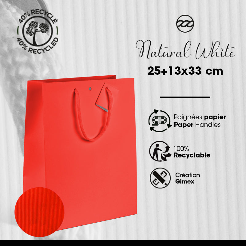 Sac luxe Natural Red kraft poignées papier 25+13x33cm par 200