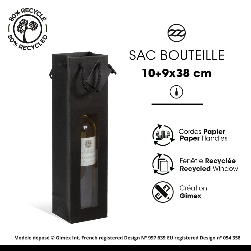 Sac 1 bouteille à fenêtre kraft noir poignées papier 10+9x38cm par 200