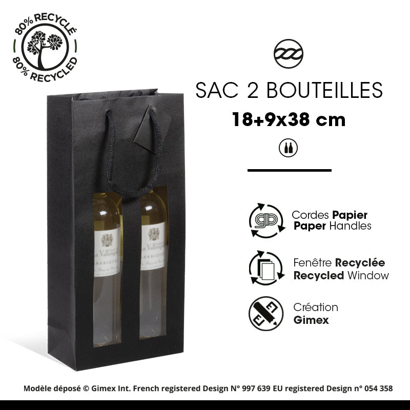 Sac 2 bouteilles à fenêtre kraft noir poignées papier 18+9x38cm par 100