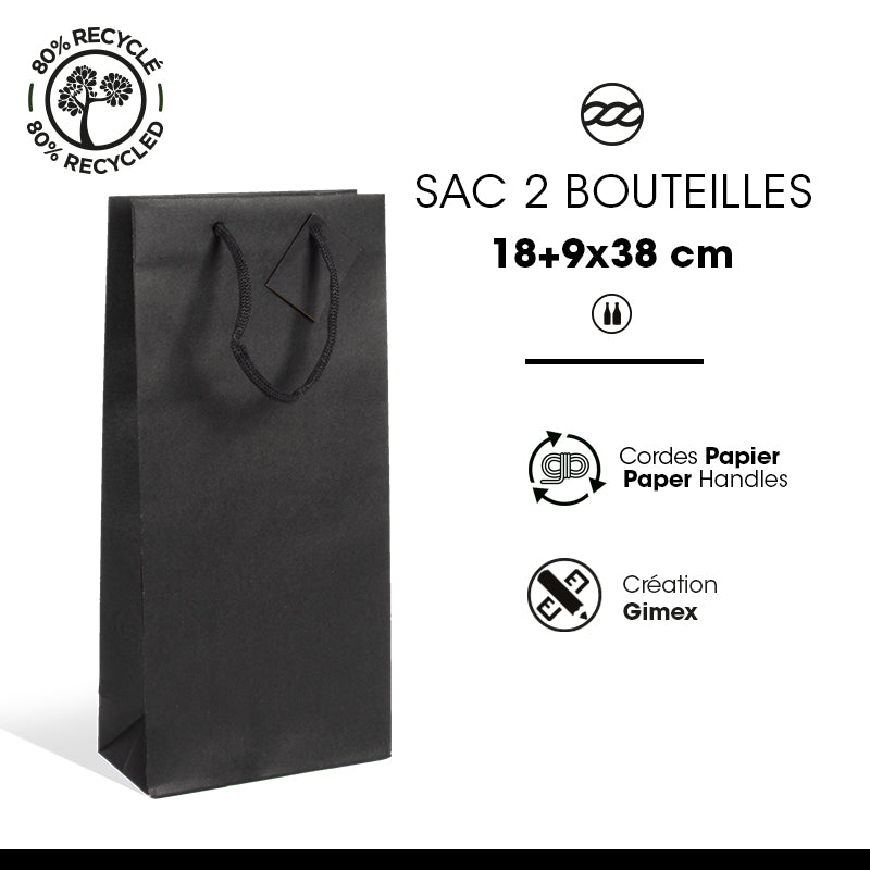 Sac 2 bouteilles kraft noir poignées papier 18+9x38cm par 100