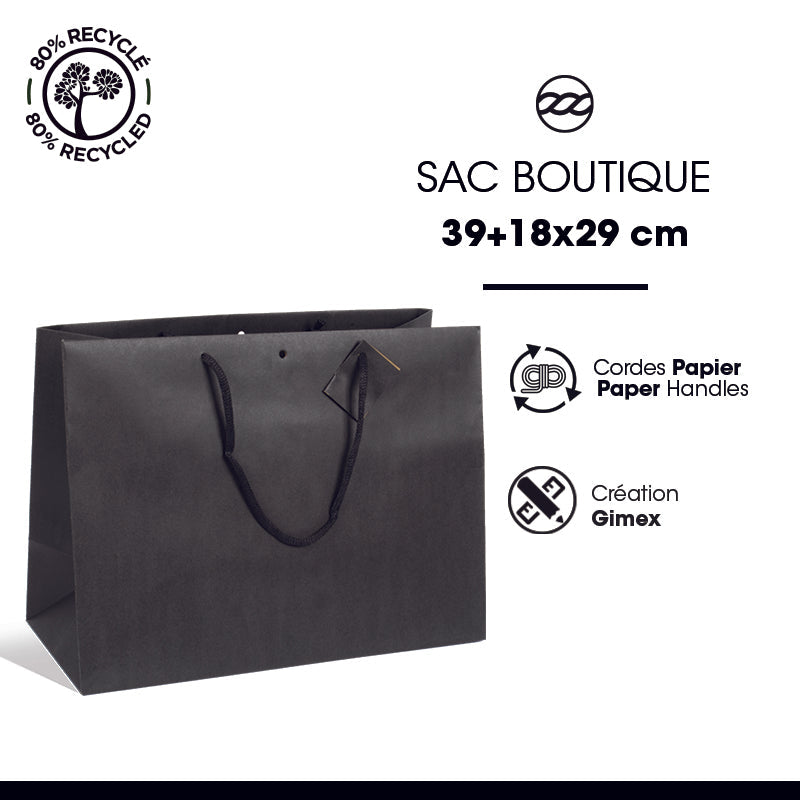 Sac luxe Large Horizontal kraft noir poignées papier 39+18x29cm par 60