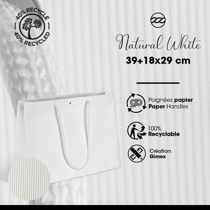 Sac luxe Natural White kraft blanc poignées papier 39+18x29cm par 100