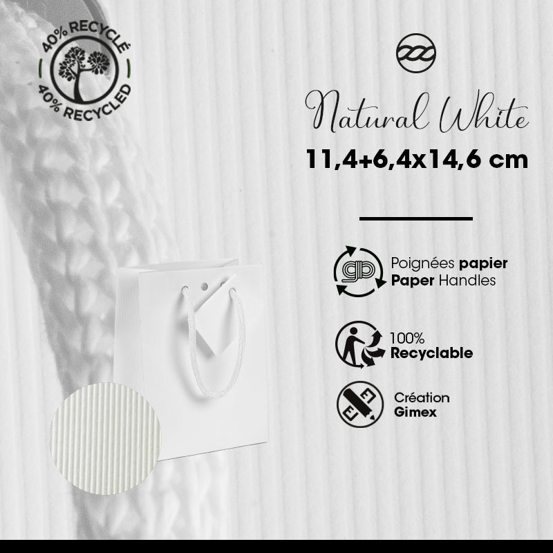 Sac luxe Natural White kraft blanc poignées papier 11,4+6,4x14,6cm par 200