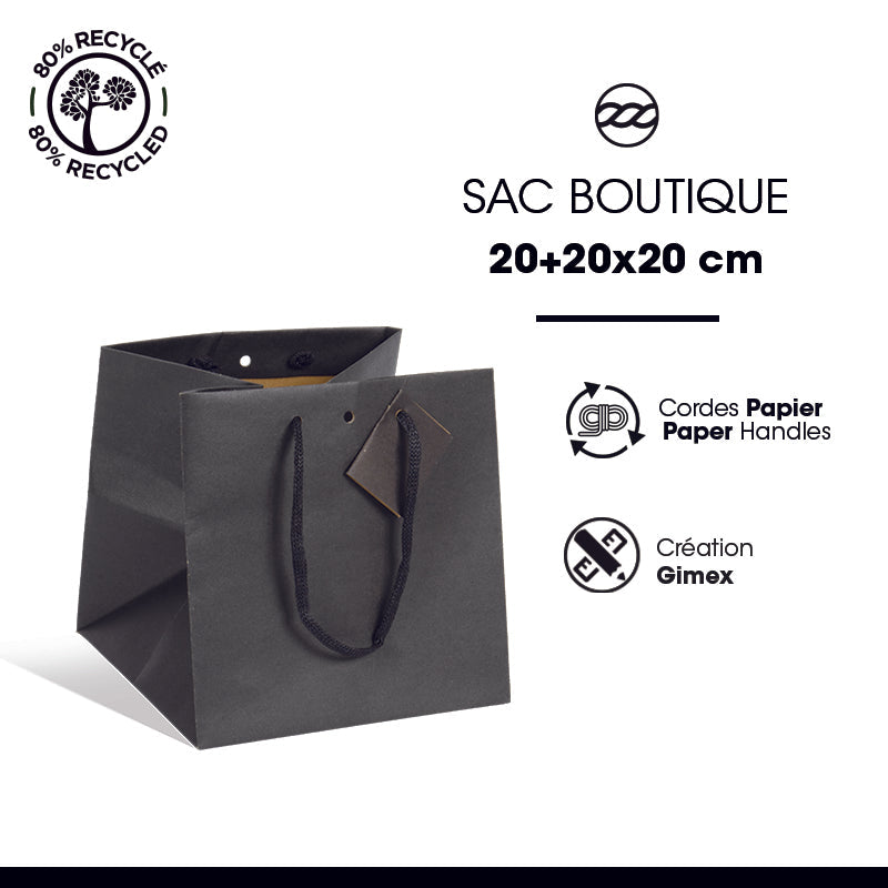 Sac luxe Middle Cube kraft noir poignées papier 20+20x20cm par 200