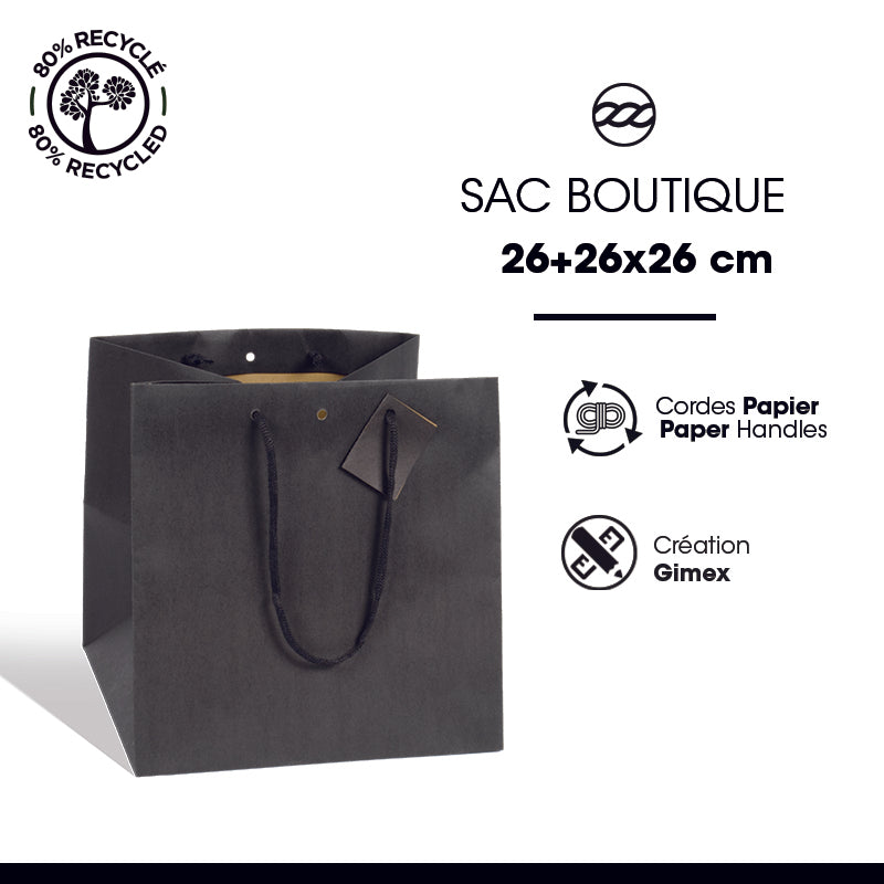 Sac luxe Grand Cube kraft noir poignées papier 26+26x26cm par 120