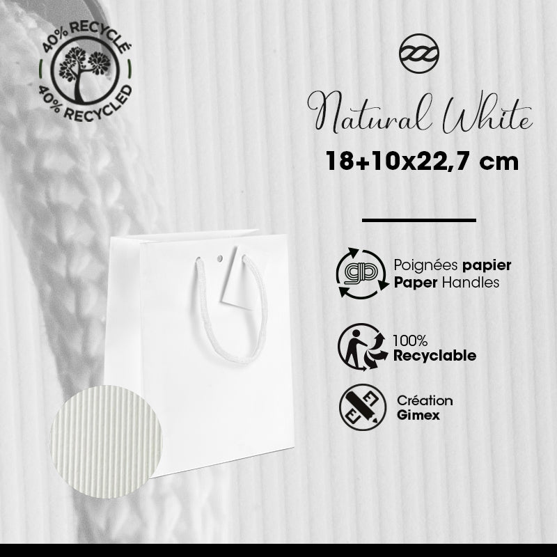 Sac luxe Natural White kraft blanc poignées papier 18+10x22,7cm par 200