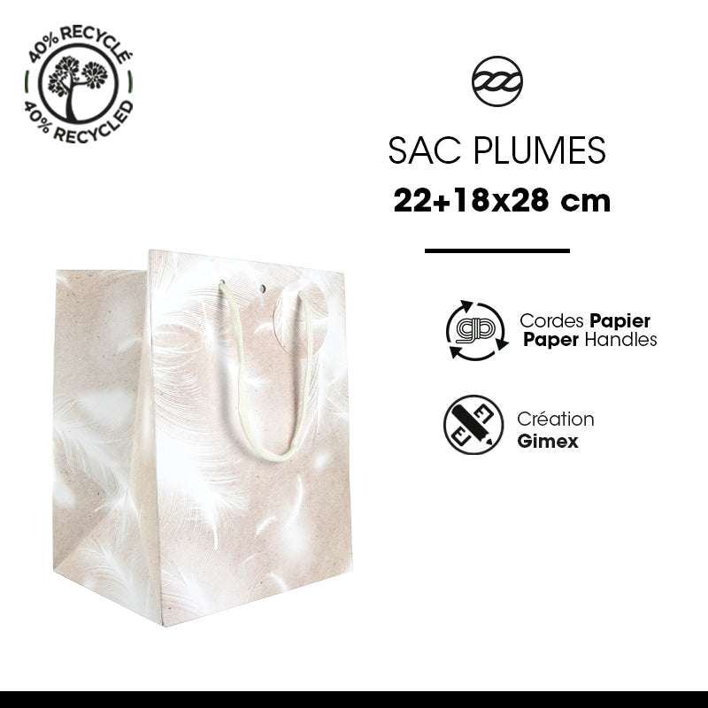 Sac décor Plumes papier blanc poignées cordelières 22+18x28cm par 120