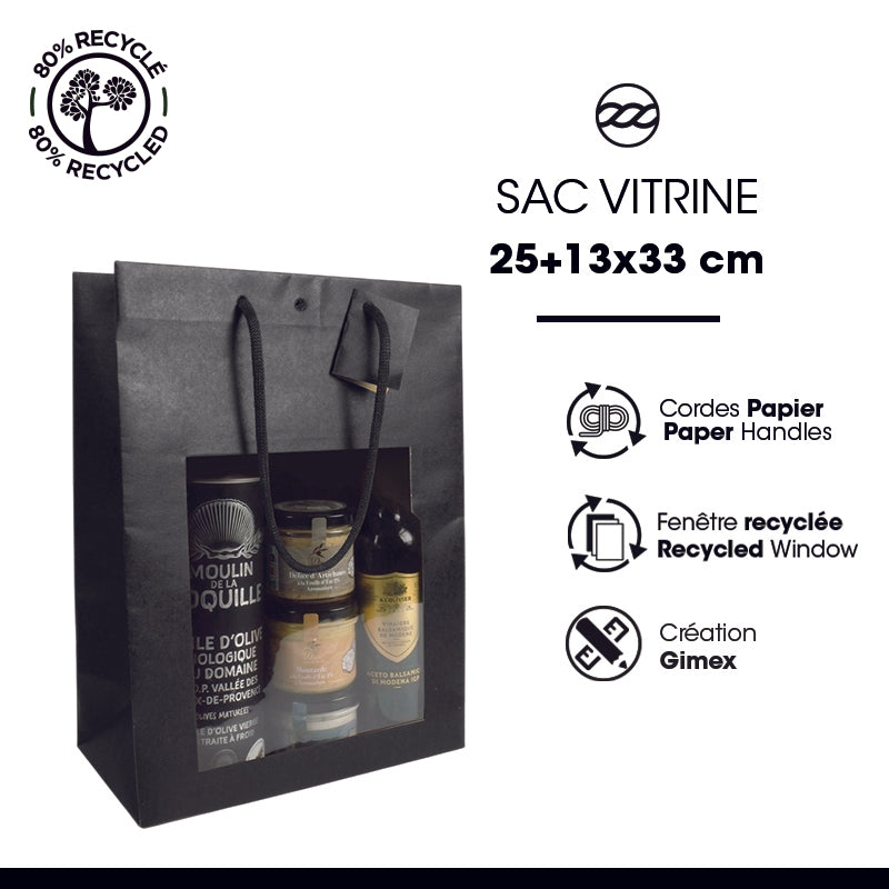 Sac fenêtre Classic kraft noir poignées papier - 25+13x33cm par 100