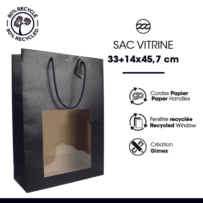 Sac fenêtre King kraft noir poignées papier - 33+14x45,7cm par 60