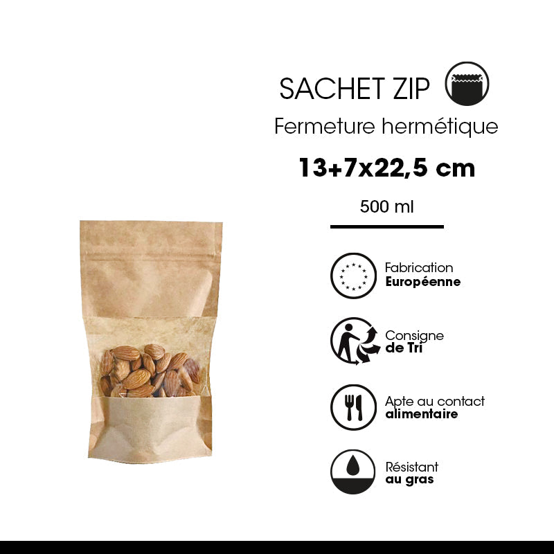 Sachet Doypack à fenêtre et zip hermétique 500ml|kraft brun|par 900