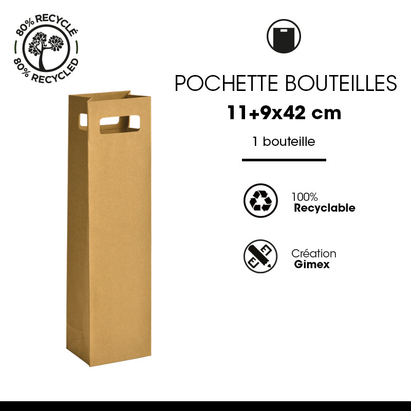 Pochette 1 bouteille kraft brun poignées découpées 11+9x42cm par 200