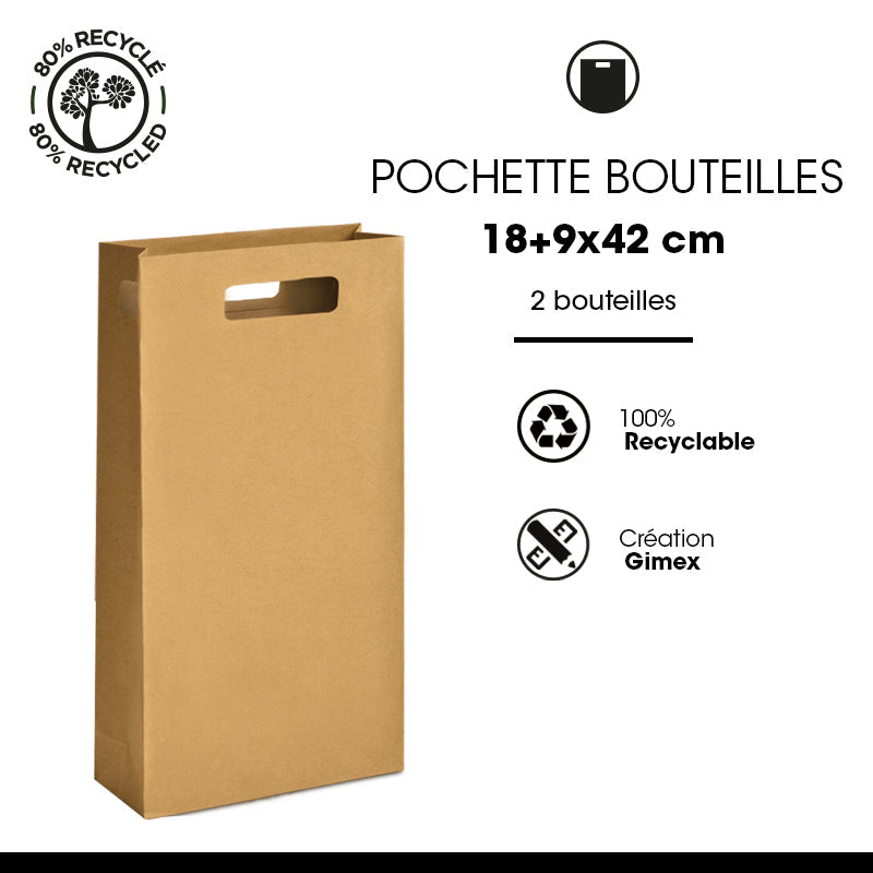 Pochette 2 bouteilles kraft brun poignées découpées 18+9x42cm par 100