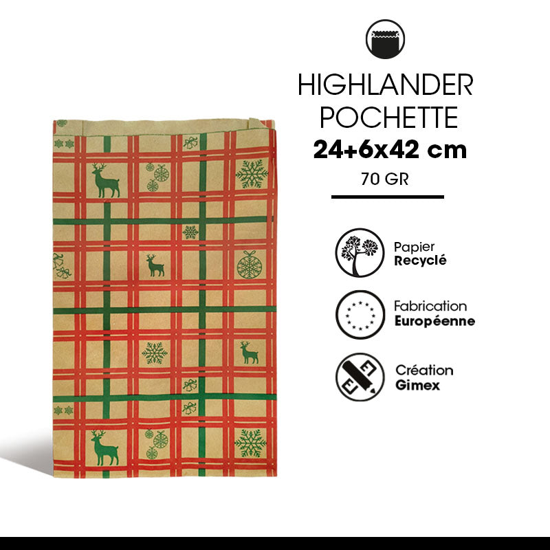 Pochette Cadeau Highlander kraft brun 70gr 24+6x42cm par 500
